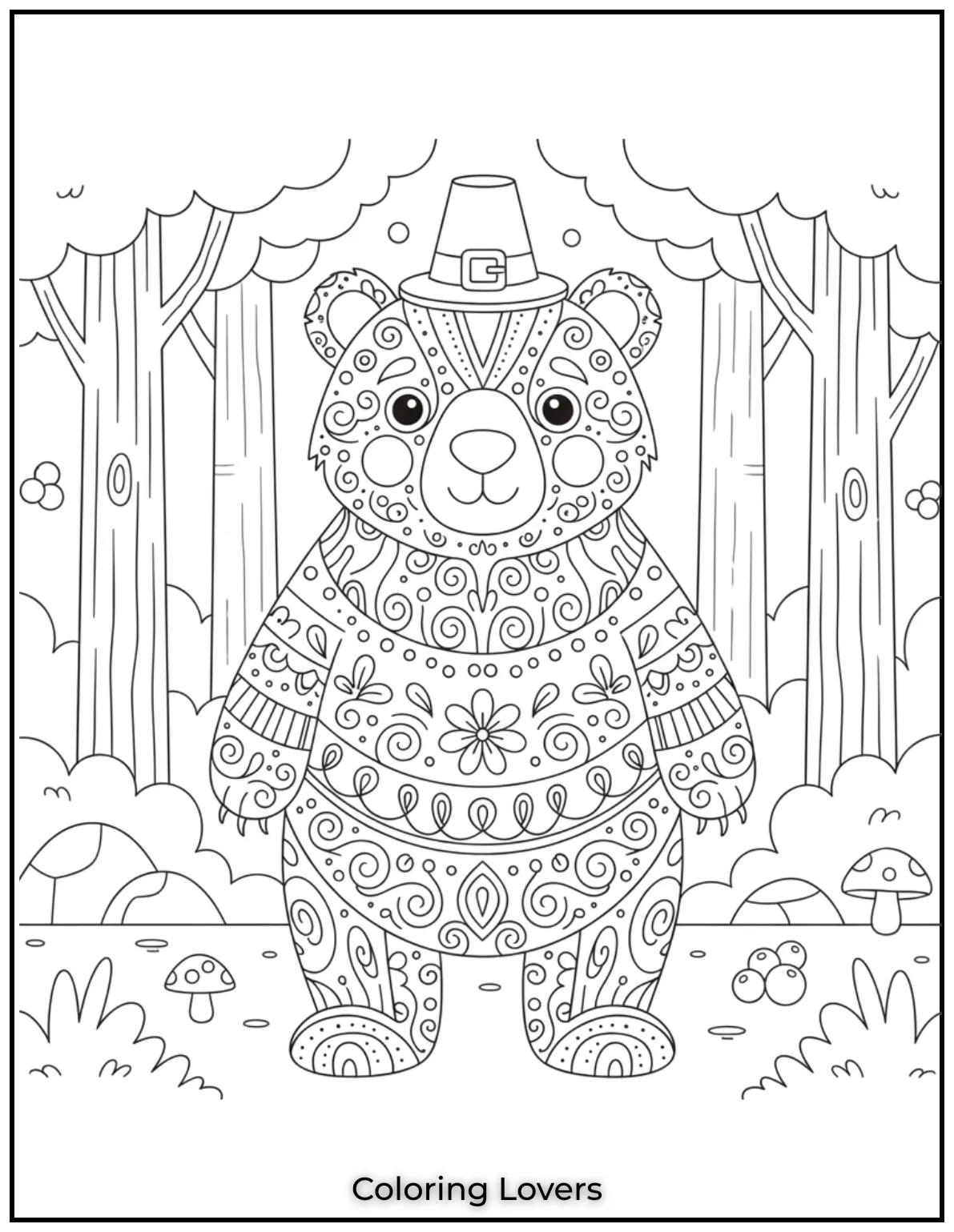 This intricate bear design is filled with elegant patterns perfect for a relaxing and creative coloring