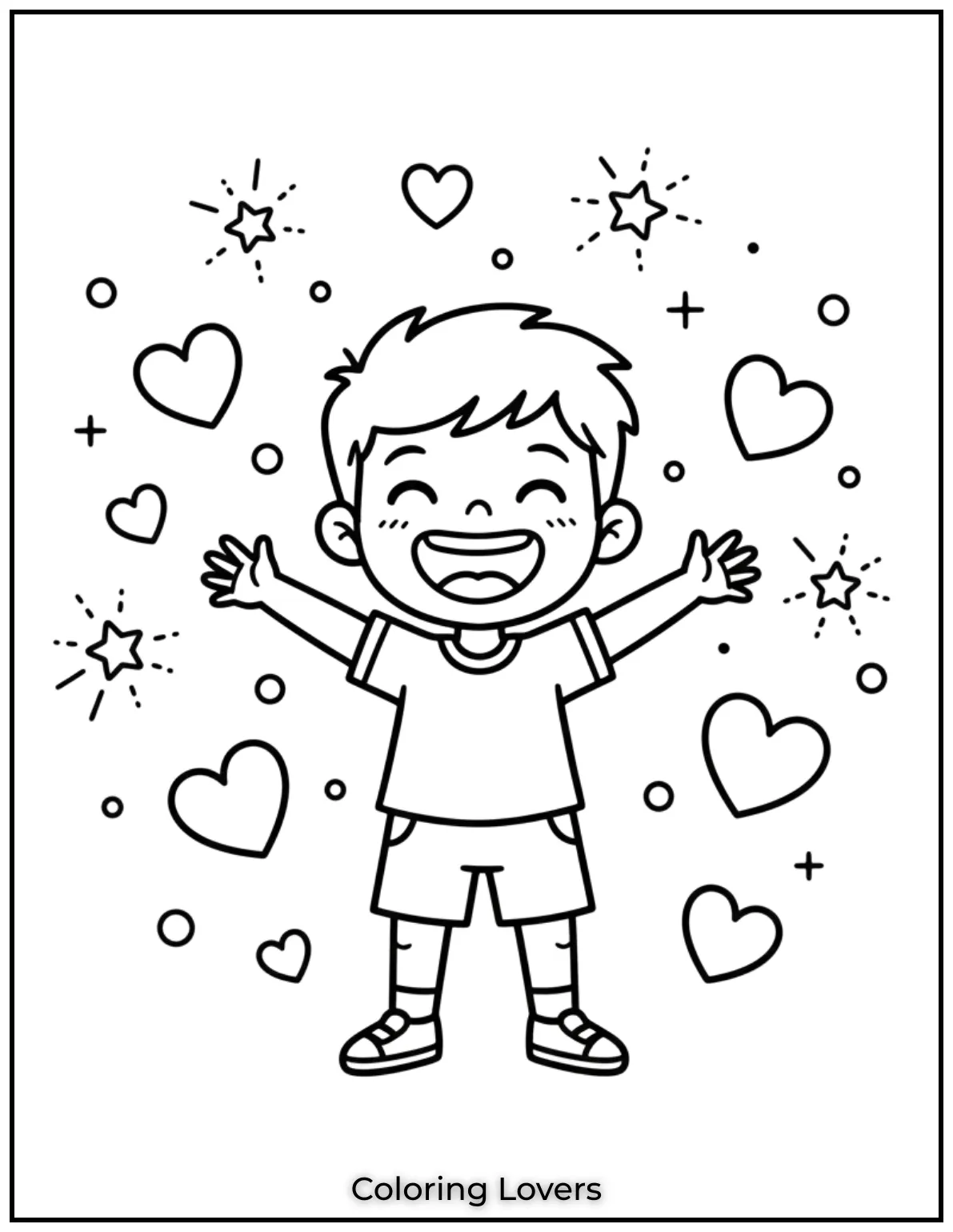 This joyful boy is surrounded by hearts and stars. A fun coloring page to brighten anyones day