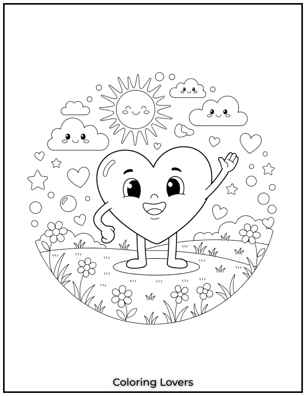 This joyful heart is waving hello from a sunny field. Its impossible not to smile while filling in the details of this happy scene