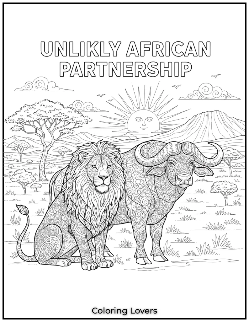 This lion and buffalo side by side is such an interesting pair. I loved illustrating their unlikely partnership in this scene