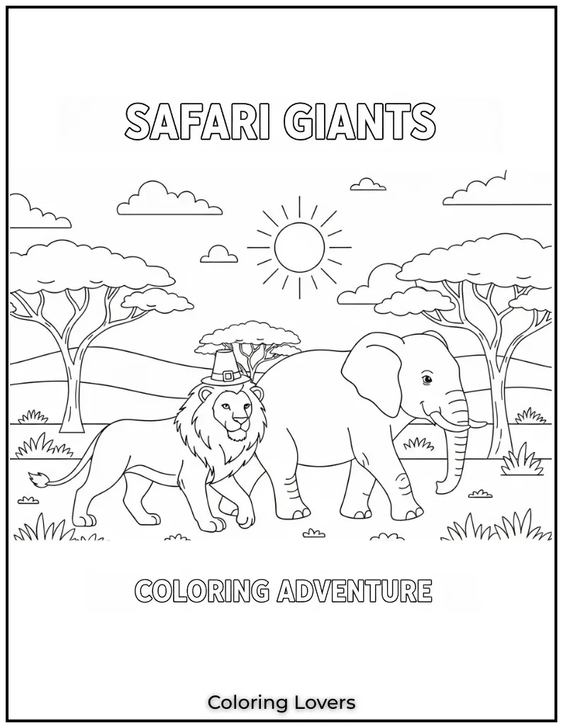 This lion and elephant walking together feel so powerful. Its a great printable lion coloring page for kids who love drawing big animals