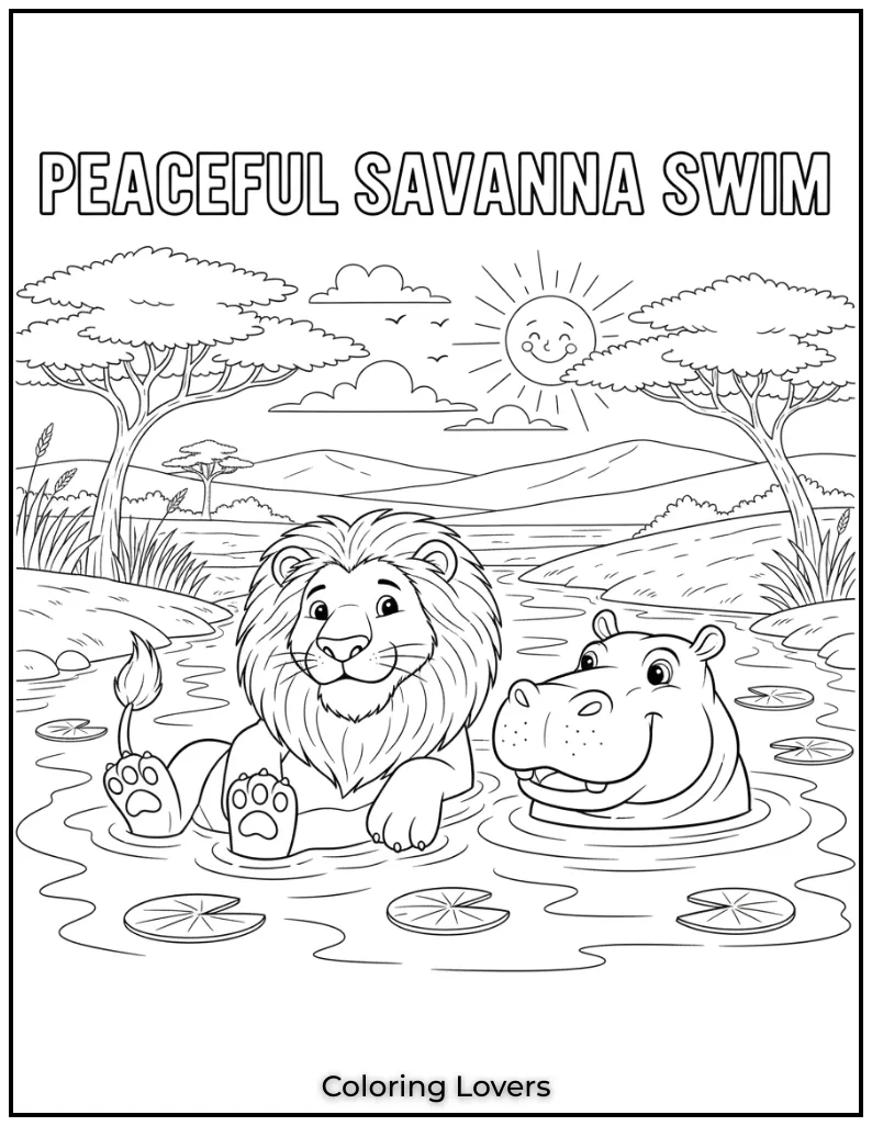This lion and hippo enjoying a swim together brings a peaceful vibe to the savanna
