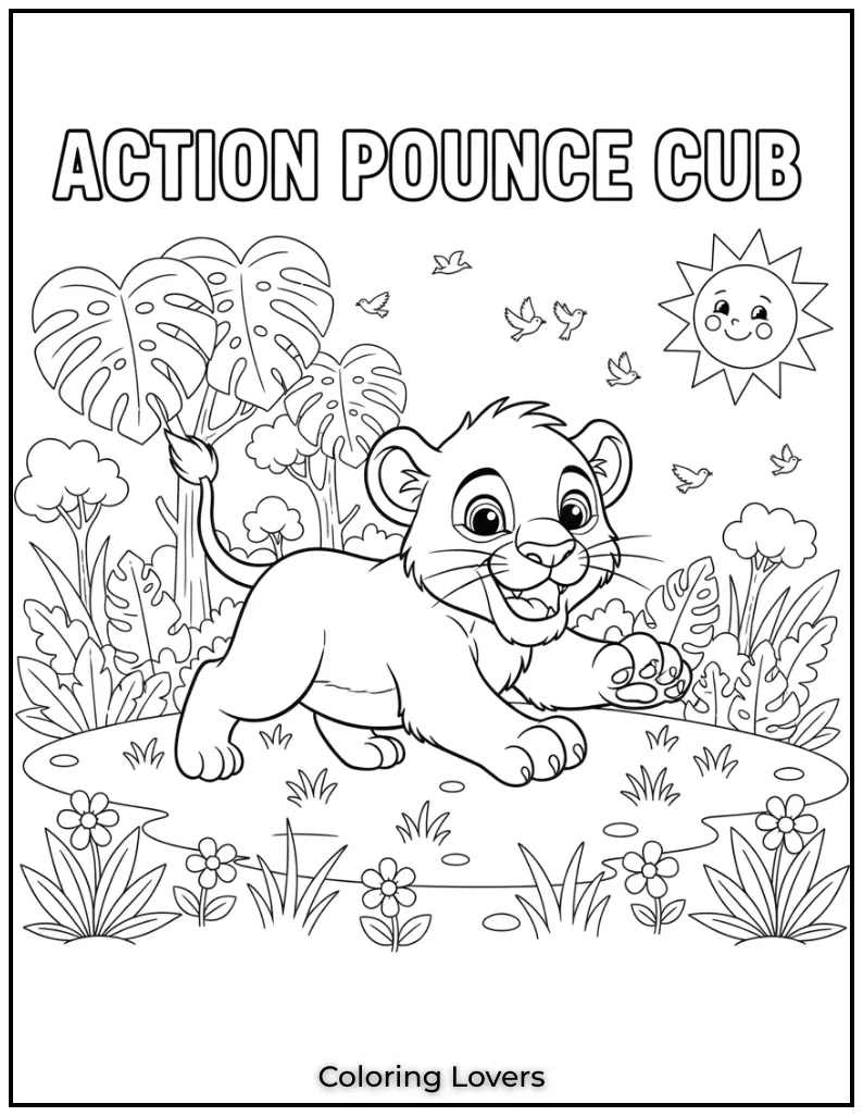 This lion cub is all set to pounce. I can imagine how much fun kids will have coloring this action packed scene