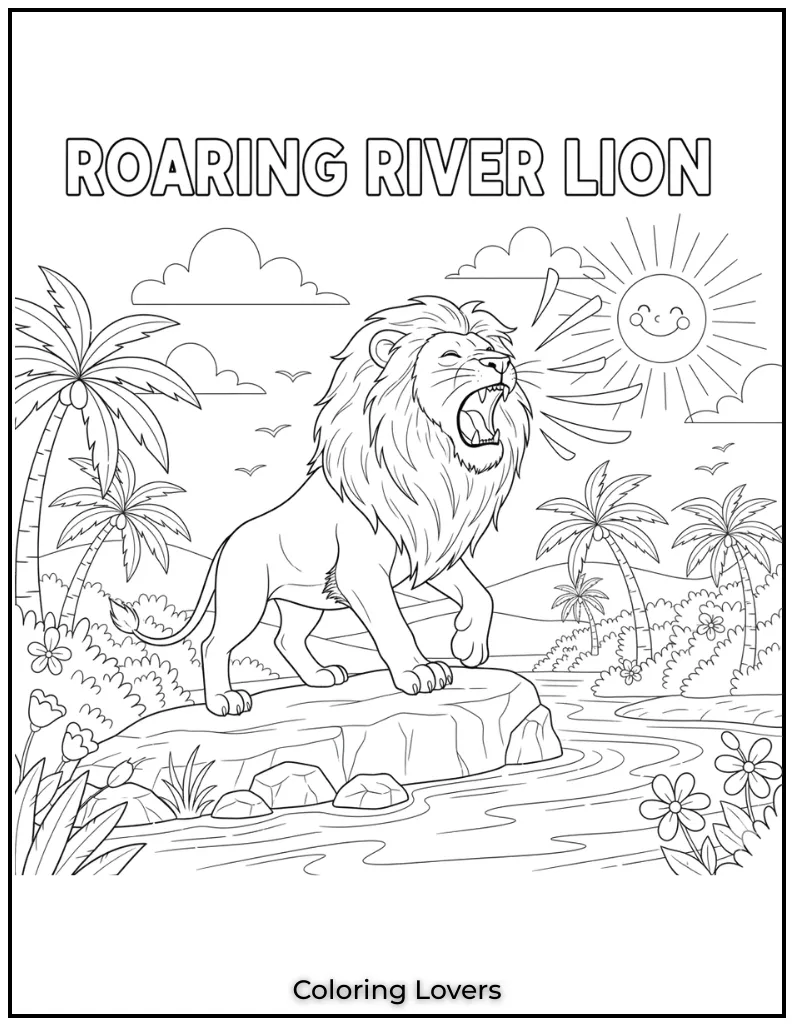 This lion is letting out a powerful roar by the river
