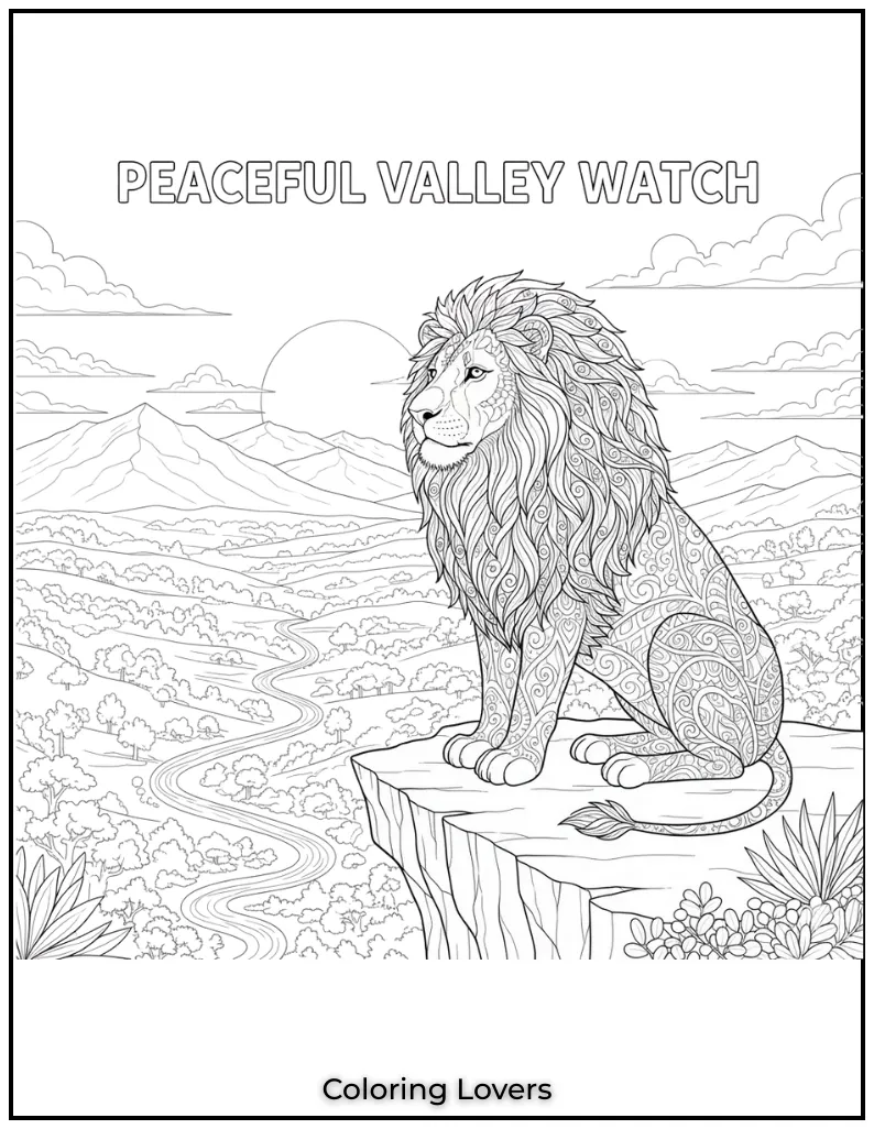 This lion is taking a quiet moment to sit and watch the valley. Its a peaceful scene perfect for adults to color