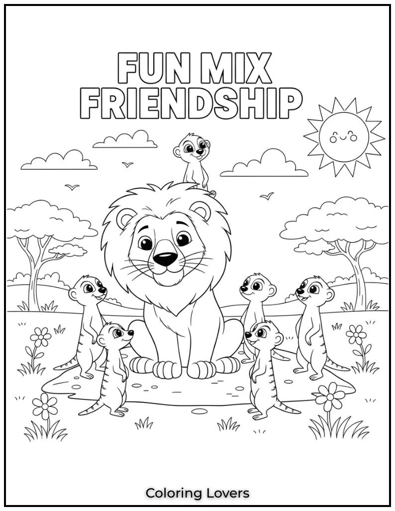 This lion sitting with a group of meerkats is a fun