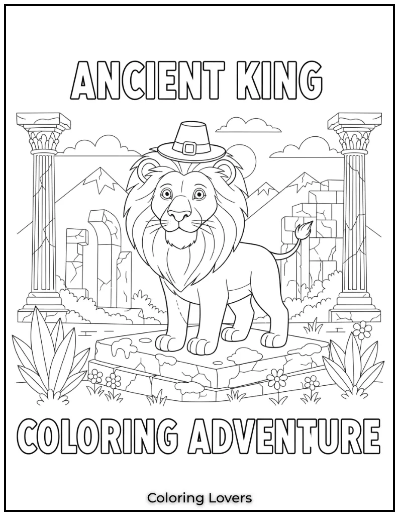 This lion standing proud among ancient ruins was so much fun to create. You can download this lion coloring page as a PDF and dive into the details