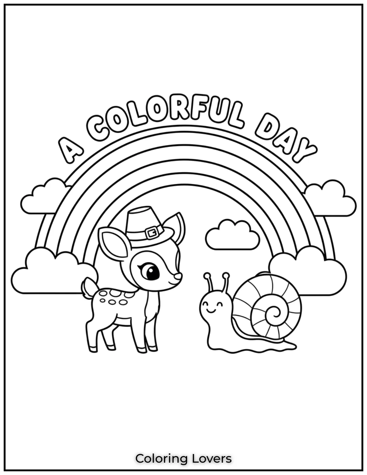 This little fawn and her snail buddy are enjoying a colorful day under a happy rainbow sky