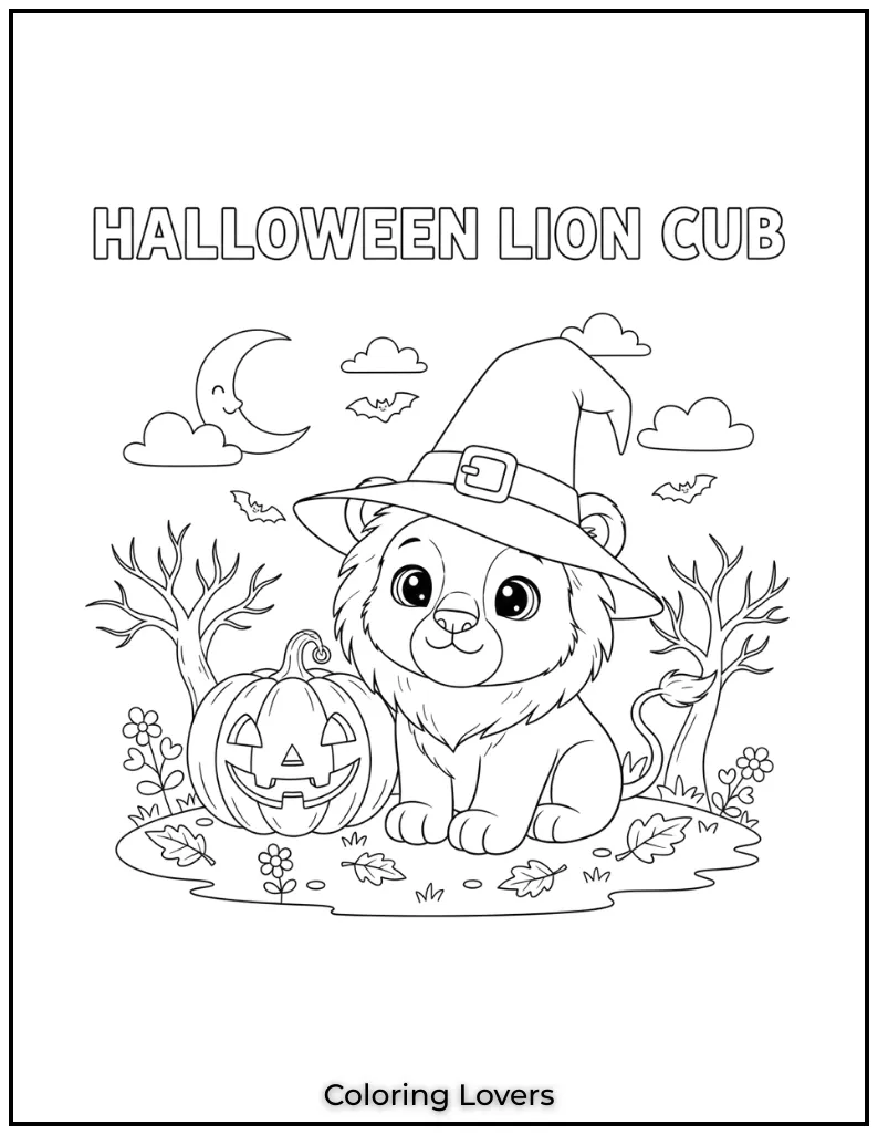 This little lion cub is all set for Halloween with its witch hat and pumpkin by its side