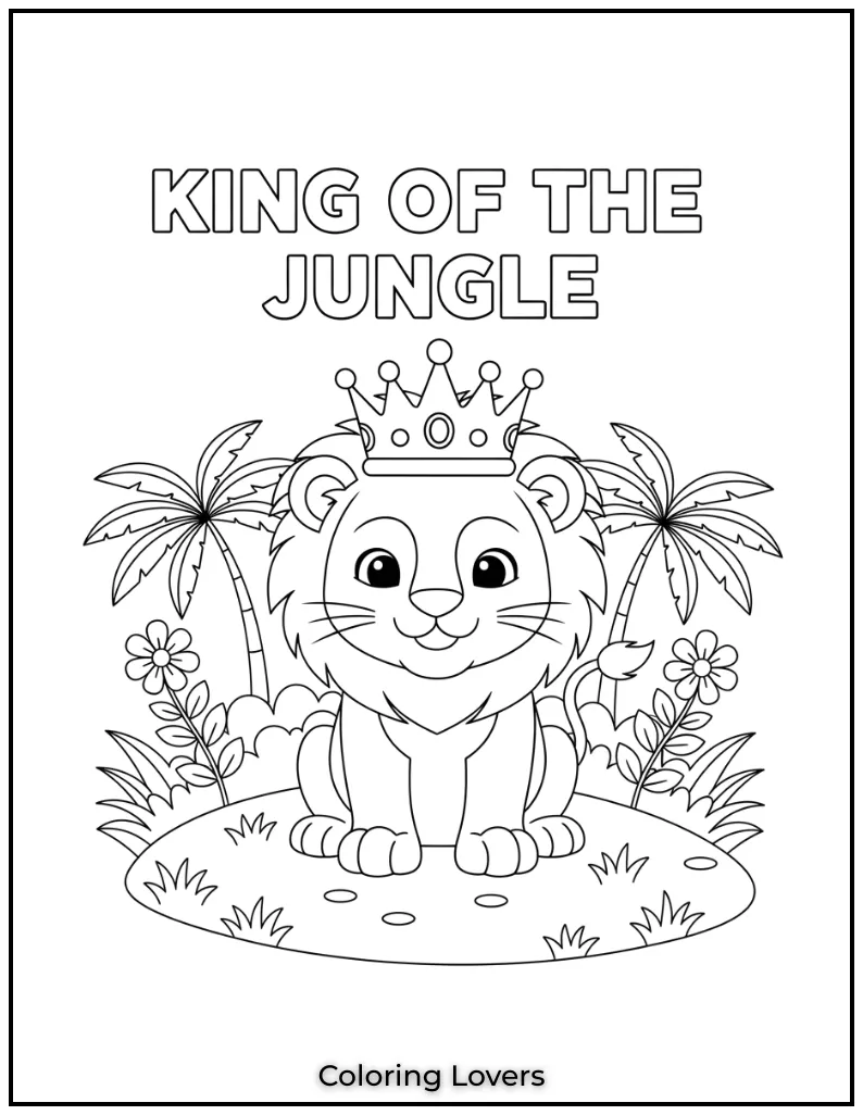 This little lion cub wearing a crown looks ready to rule the jungle. A fun and royal themed lion coloring page for kids