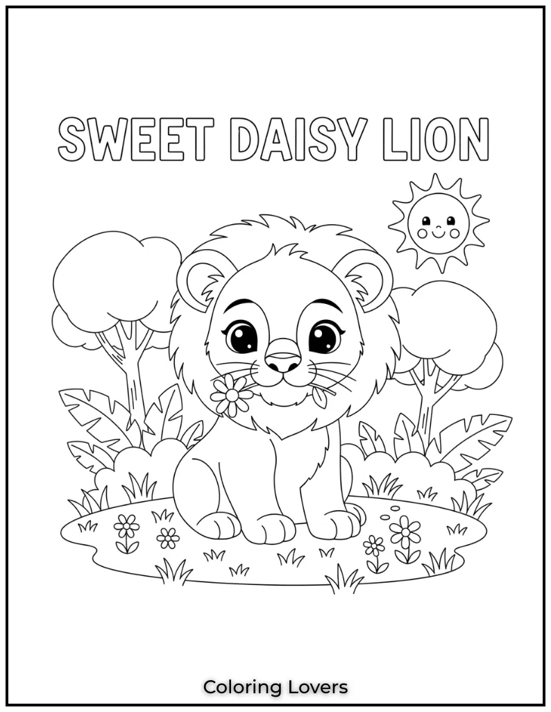 This little lion cub with a daisy in its mouth looks so gentle and sweet. Kids will have so much fun bringing this cute scene to life