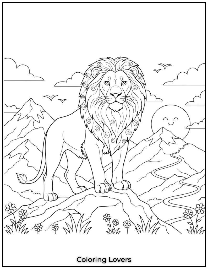 This majestic lion standing in the mountains feels powerful and calm. It was such a joy to draw this scene that blends nature and strength