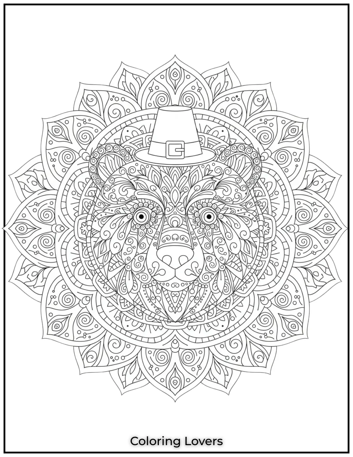 This mandala inspired bear face showcases delicate floral and geometric patterns for a mindful coloring session