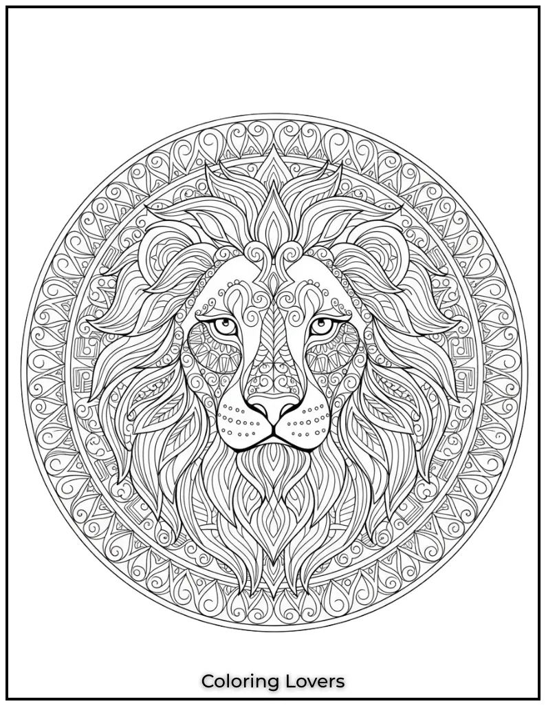 This mandala inspired lion invites adults to enjoy a relaxing coloring session combining symmetry with bold design elements