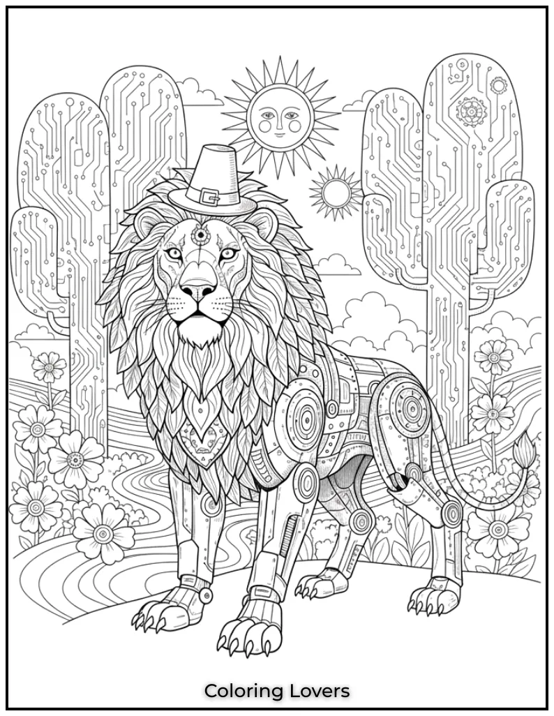 This mechanical lion merges nature with technology offering a relaxing and detailed coloring experience for adults