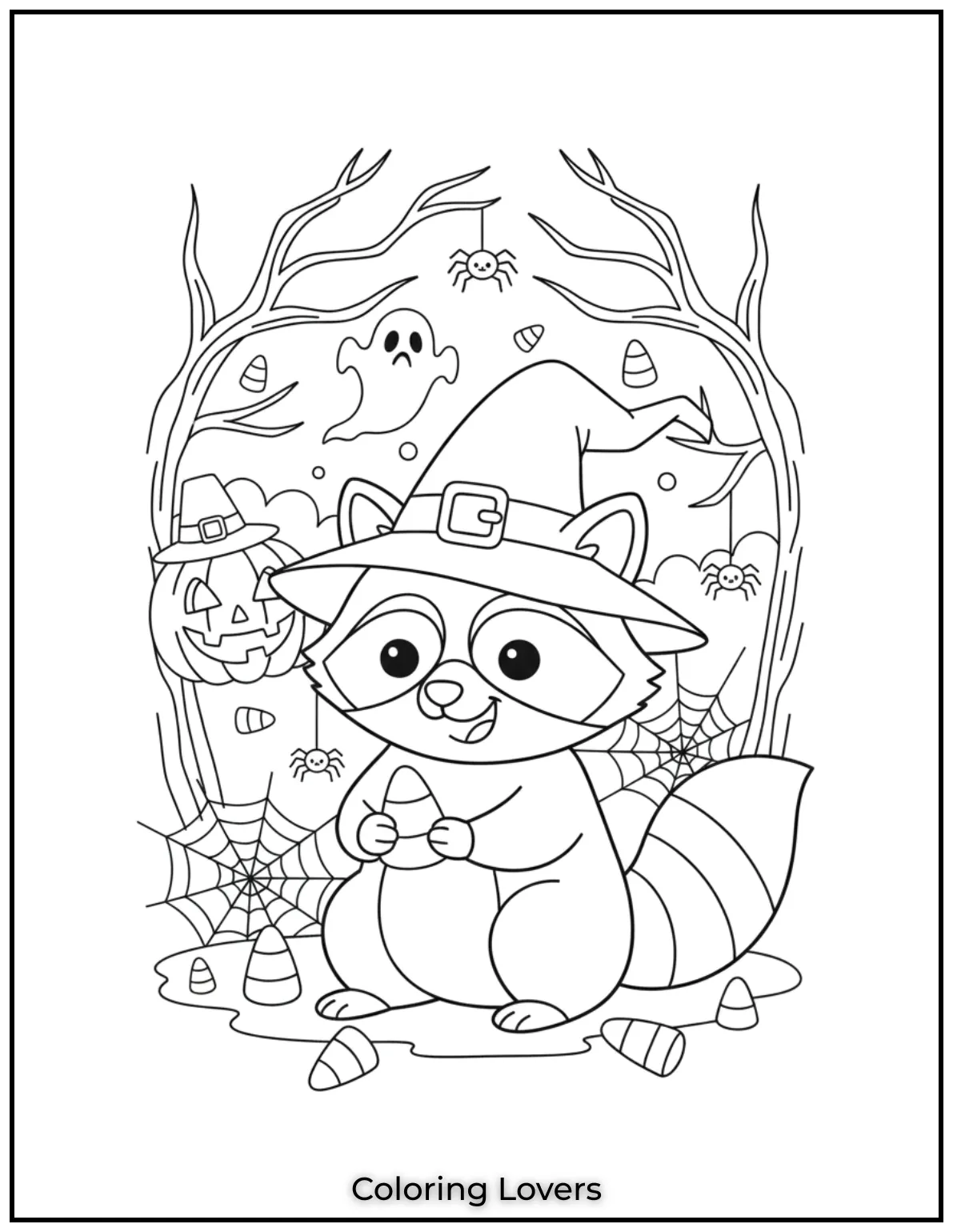 This mischievous raccoon in a witchs hat is ready for Halloween fun I added candy corn and spider webs to make it a delight for kids to color
