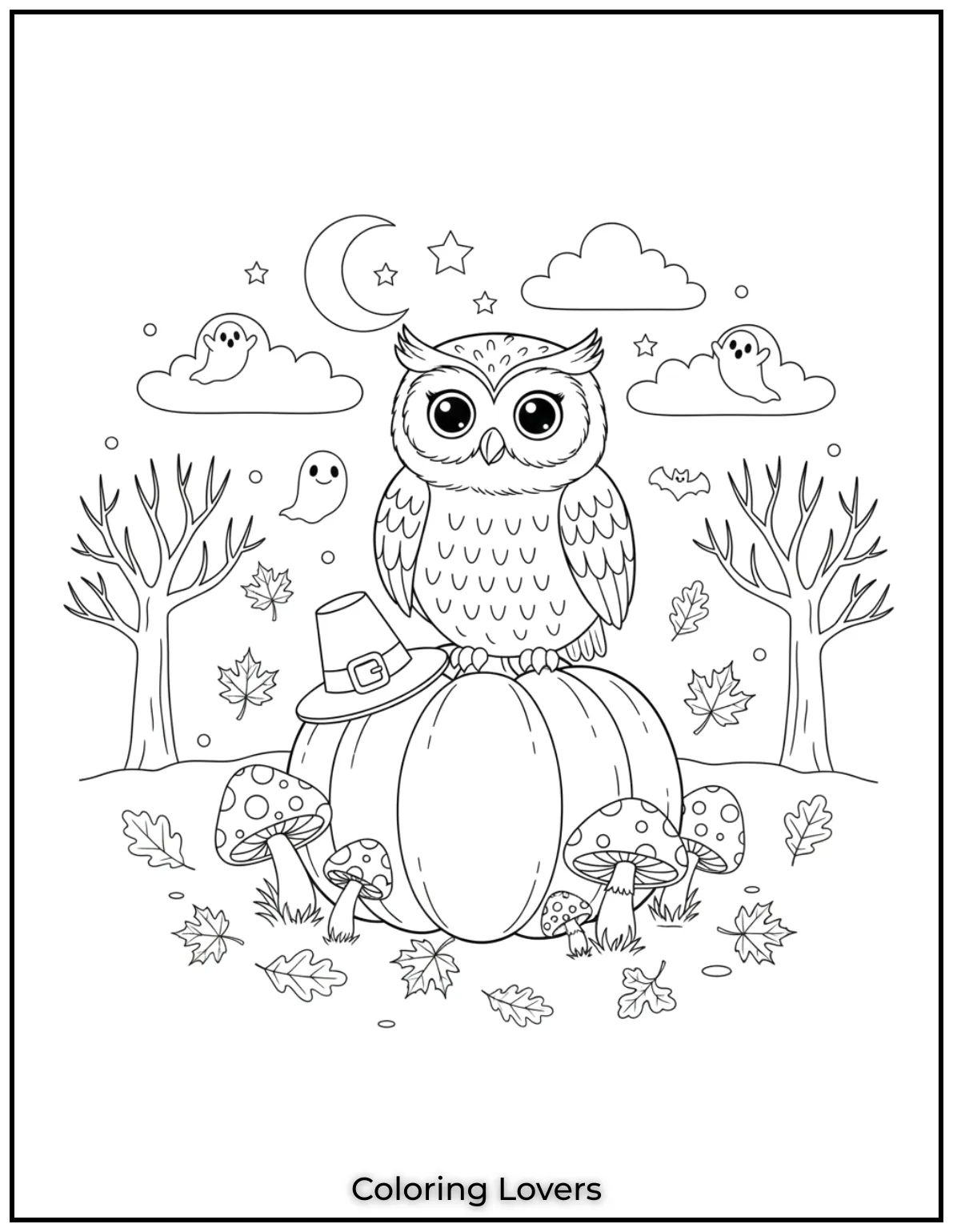 This owl resting calmly on a pumpkin brings a sense of fall magic with the leaves and mushrooms around. A charming piece to color