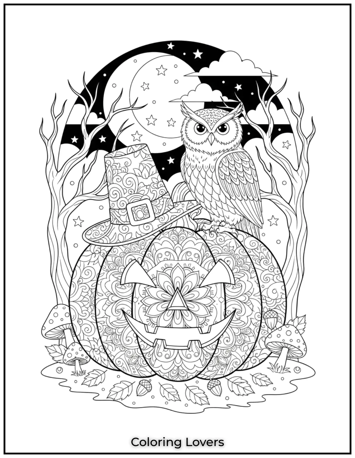 This owl rests on a jack o lantern decorated with intricate patterns under a starry sky. A fun and challenging pumpkin coloring page for adults to enjoy
