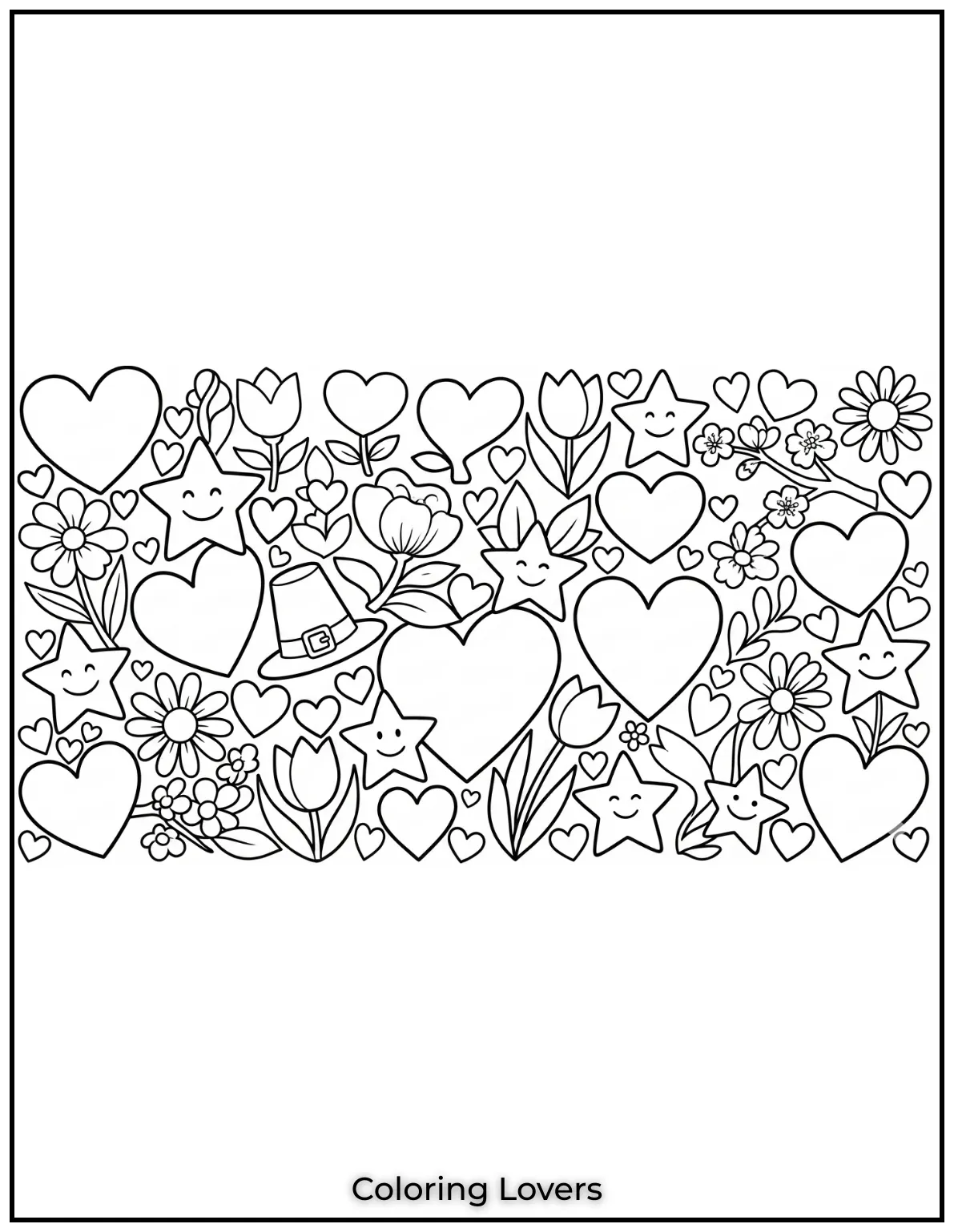 This page is bursting with hearts stars and flowers so much to color