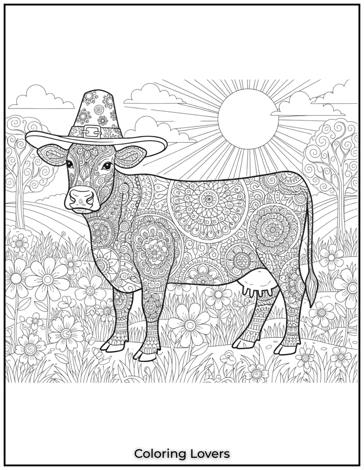 This peaceful cow is decorated with beautiful mandala designs