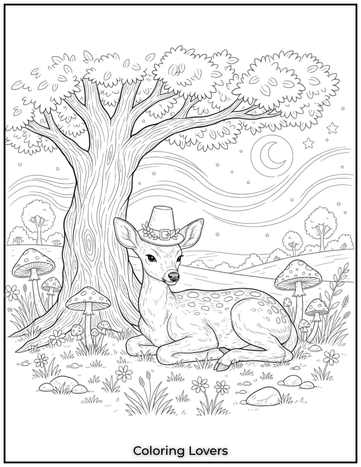 This peaceful fawn rests under a quiet tree with mushrooms nearby. One of our coziest realistic deer coloring pages