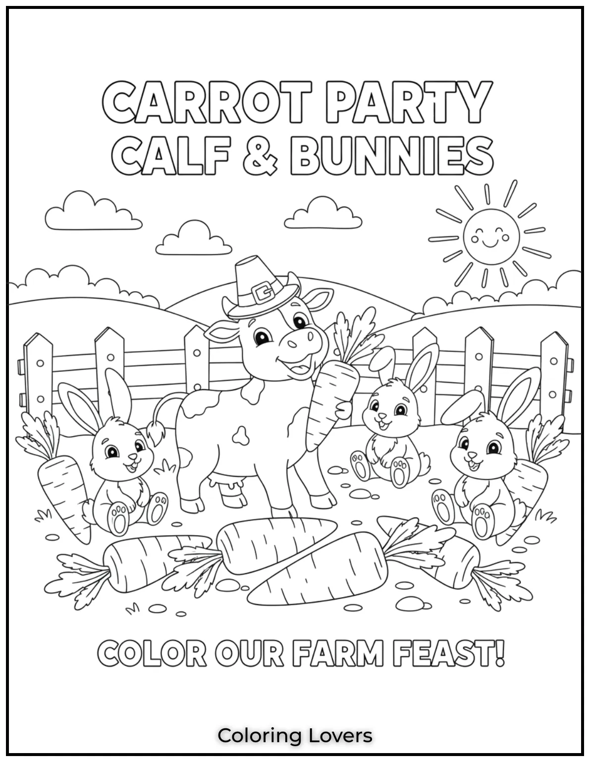 This playful calf and its bunny friends are surrounded by big fresh carrots. Kids will enjoy filling this farmyard scene with bright colors