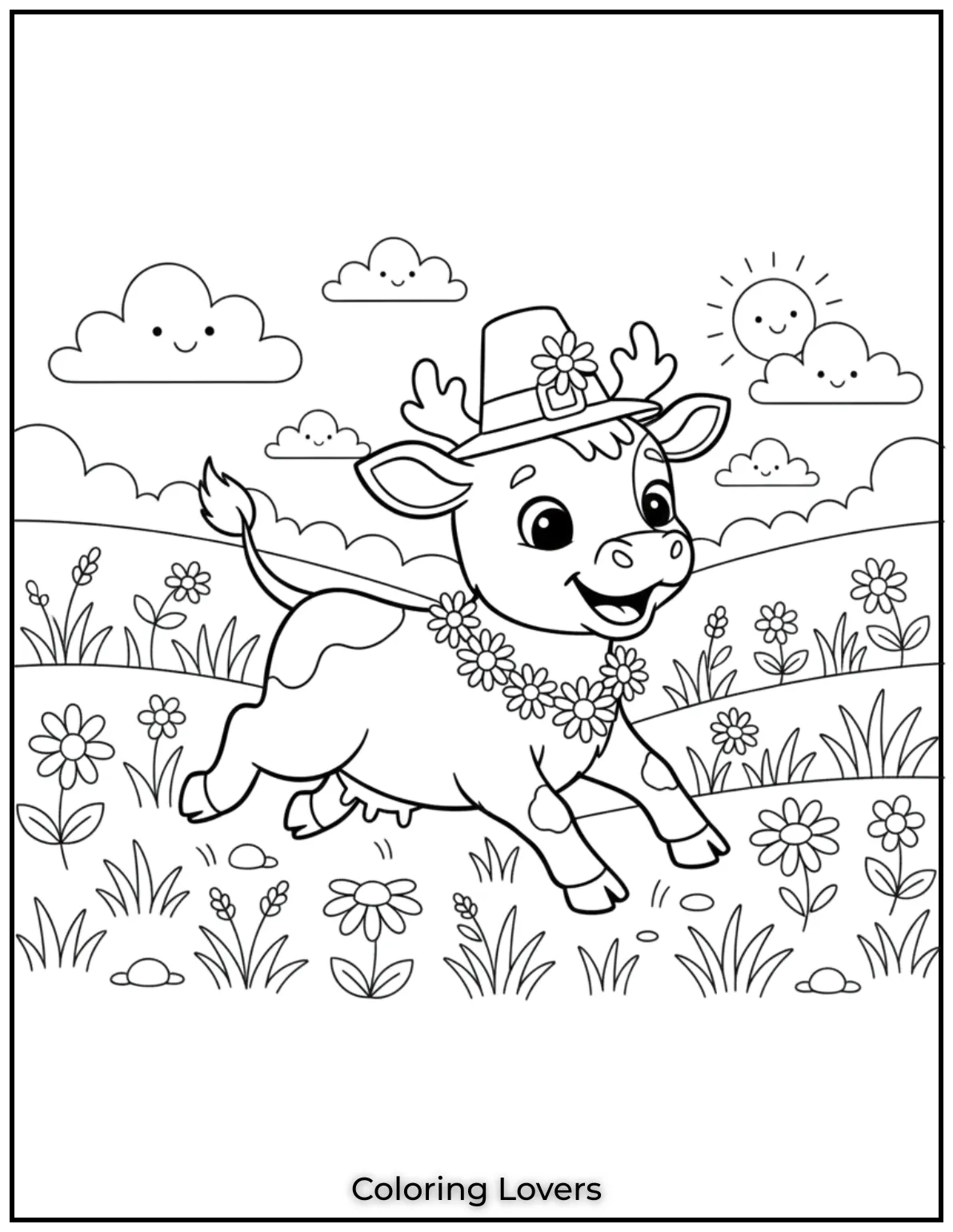 This playful calf is racing through the meadow with a necklace made of daisies. Its joyful expression is sure to inspire kids as they add vibrant colors
