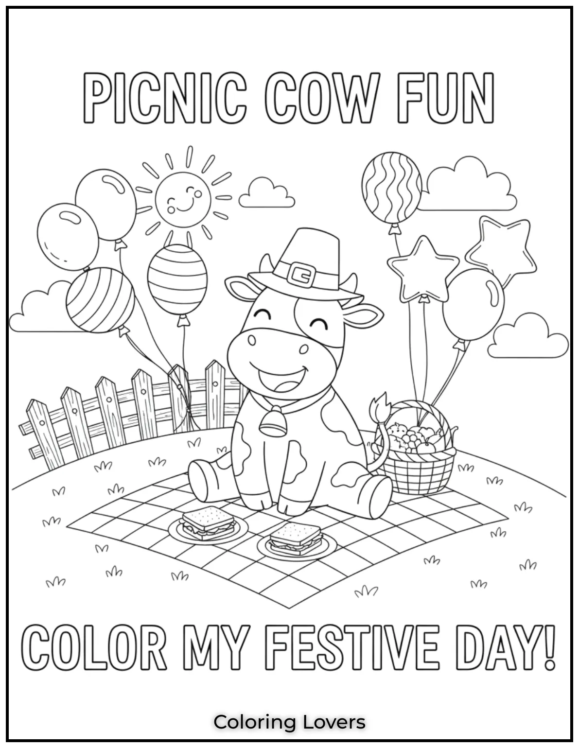 This playful cow is enjoying a picnic with balloons floating around