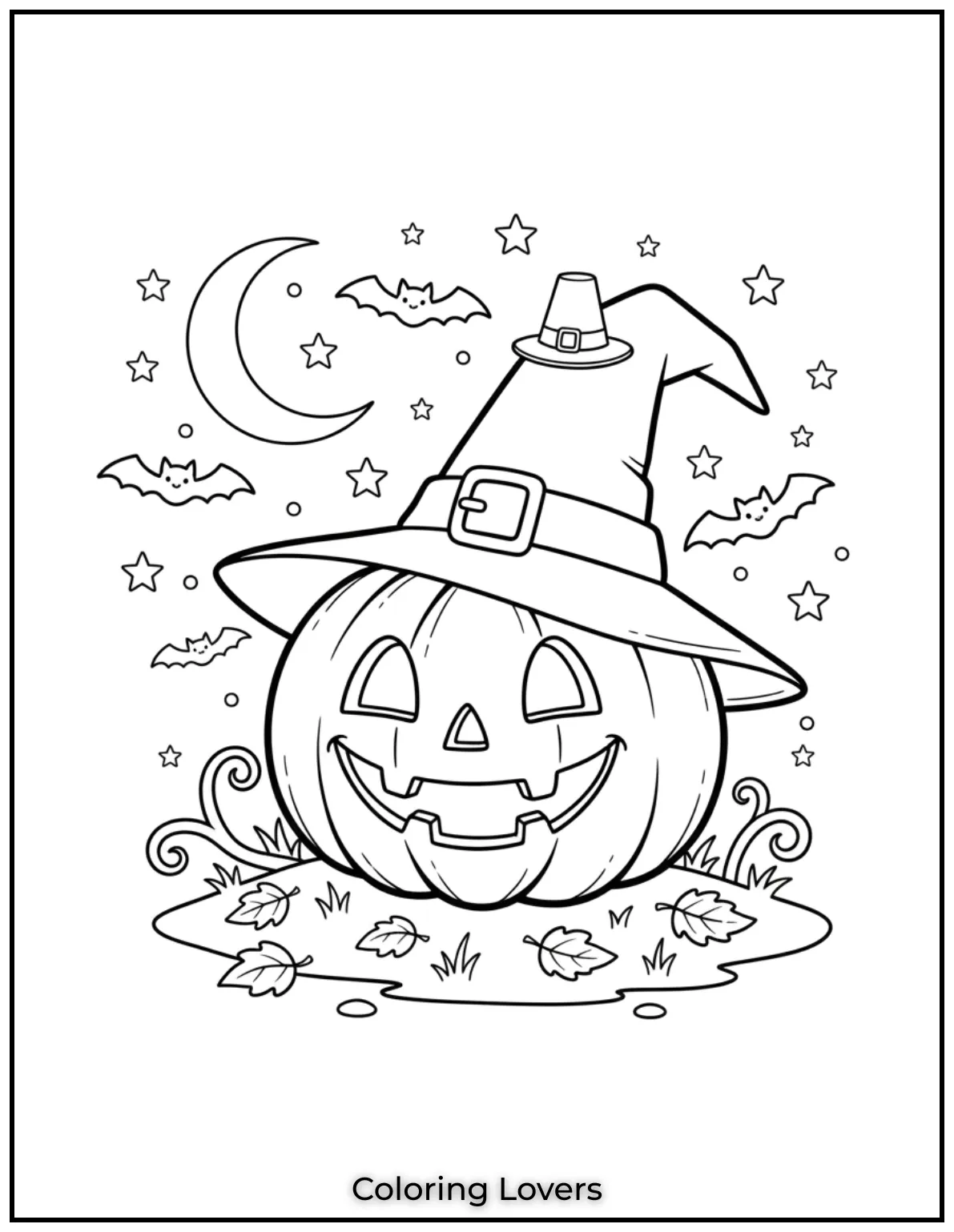 This playful jack o lantern wearing a witchs hat is ready for a magical Halloween night with stars twinkling all around. A perfect pumpkin coloring page for kids to enjoy