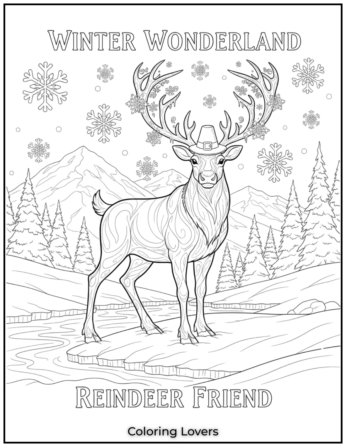 This proud reindeer stands strong in the cold hills. A wonderful page for adults who love winter wildlife