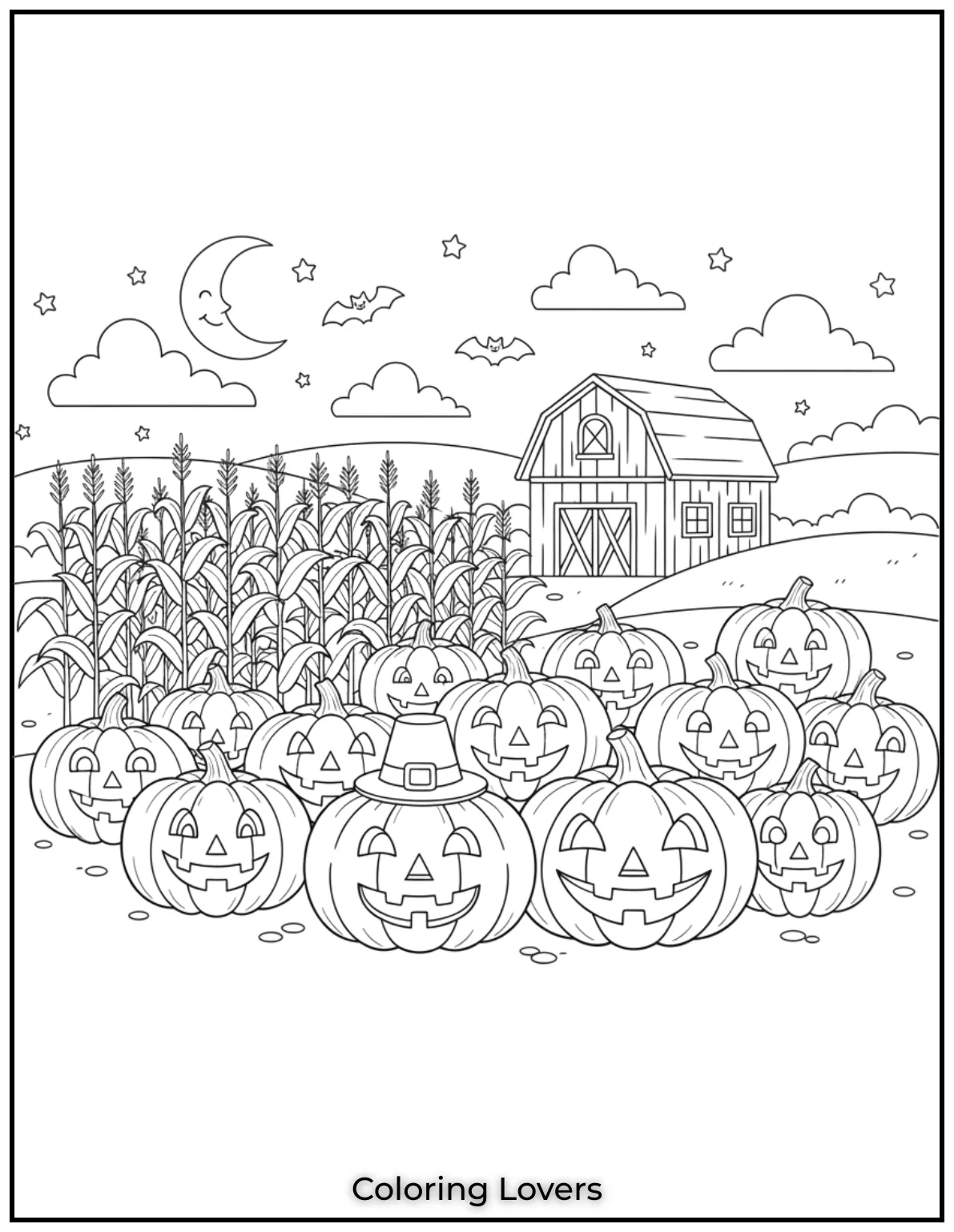 This pumpkin patch set against a backdrop of cornfields and a rustic barn is one of my favorite scenes to draw