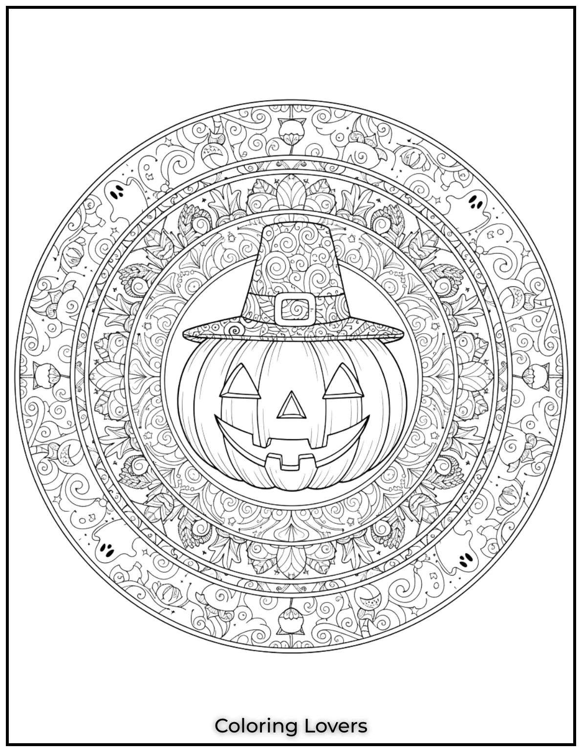This pumpkin surrounded by circular layers invites intricate coloring. Its detailed design brings an elegant and engaging challenge for autumn art lover