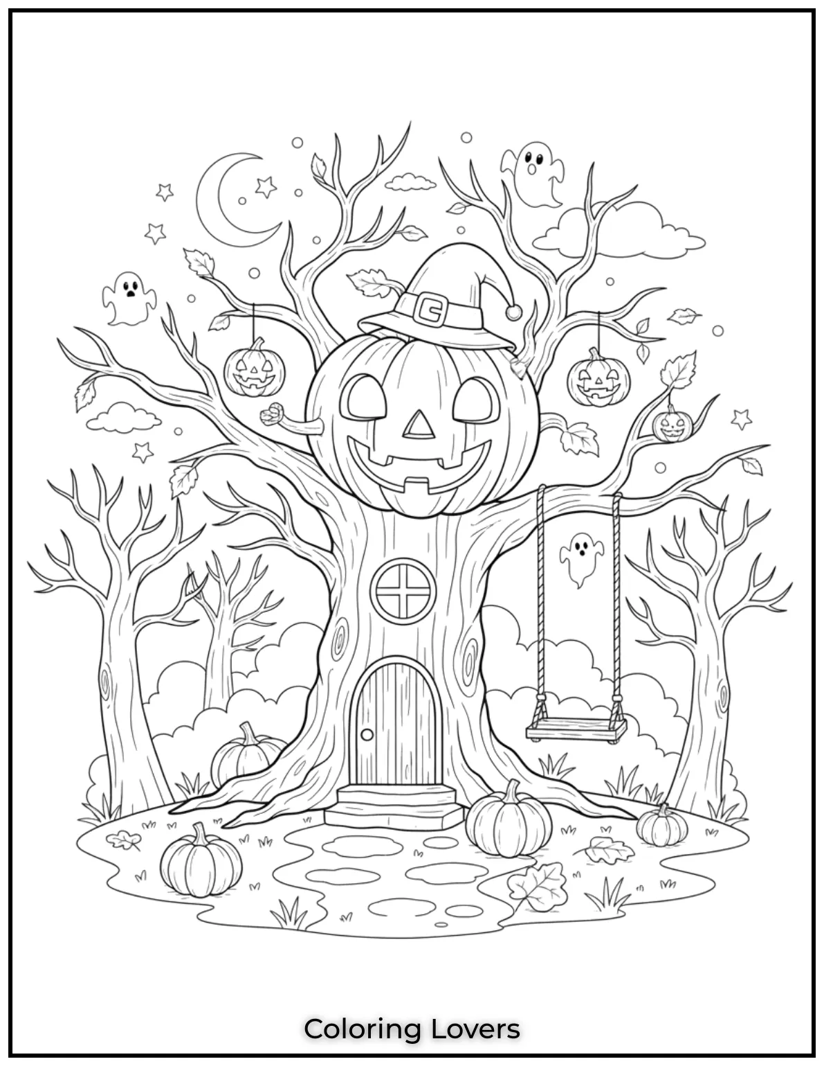 This pumpkin treehouse was so much fun to draw especially with the swing and jack o lanterns hanging from the branches