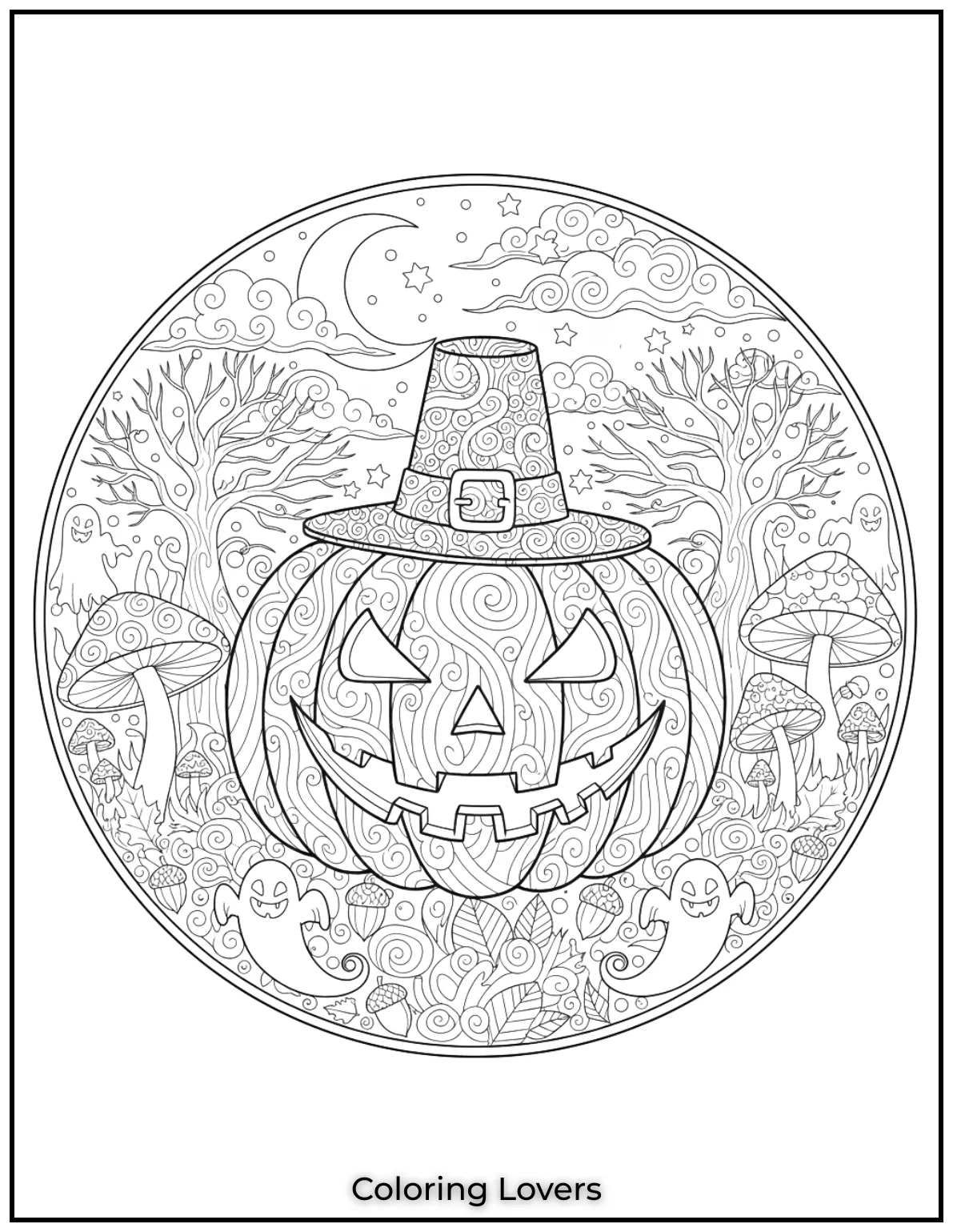 This pumpkin with swirling abstract shapes adds a touch of whimsy to the fall season. A lively coloring page perfect for those who enjoy creative patterns