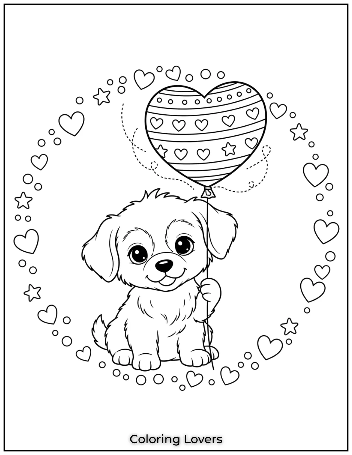 This puppy with a heart balloon is just the sweetest Perfect for a relaxing coloring time on this adorable heart coloring page
