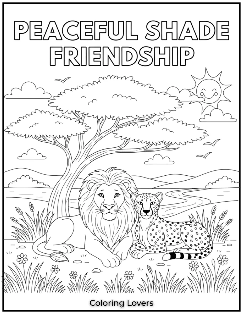 This scene features a peaceful moment as a lion and cheetah relax together under the shade of a tree