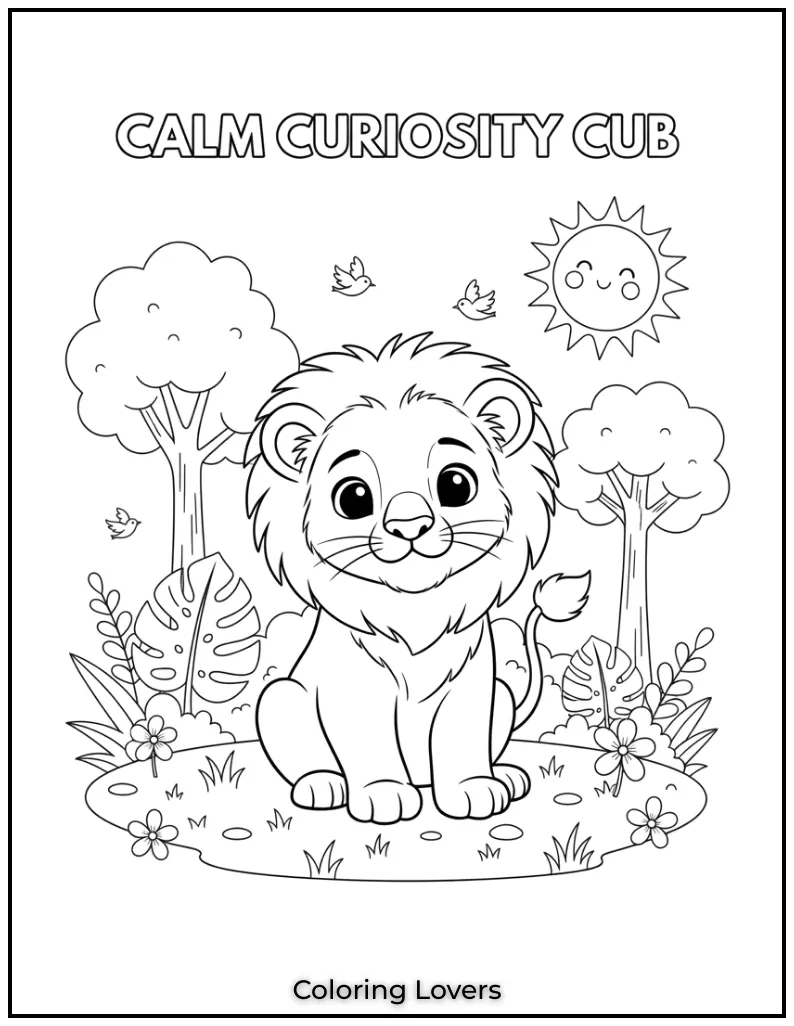 This sitting lion cub looks calm and curious. Its a simple yet beautiful page for young animal lovers to color