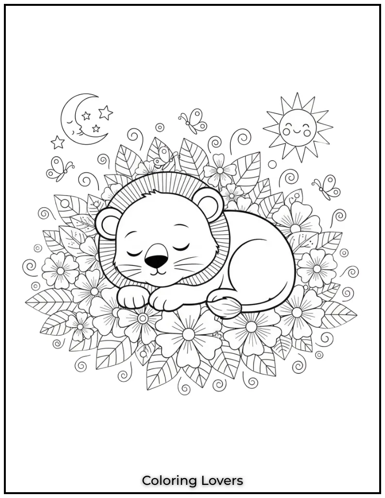 This sleeping lion cub curled up among flowers looks so peaceful. Kids will enjoy this free lion coloring page during their calm moments