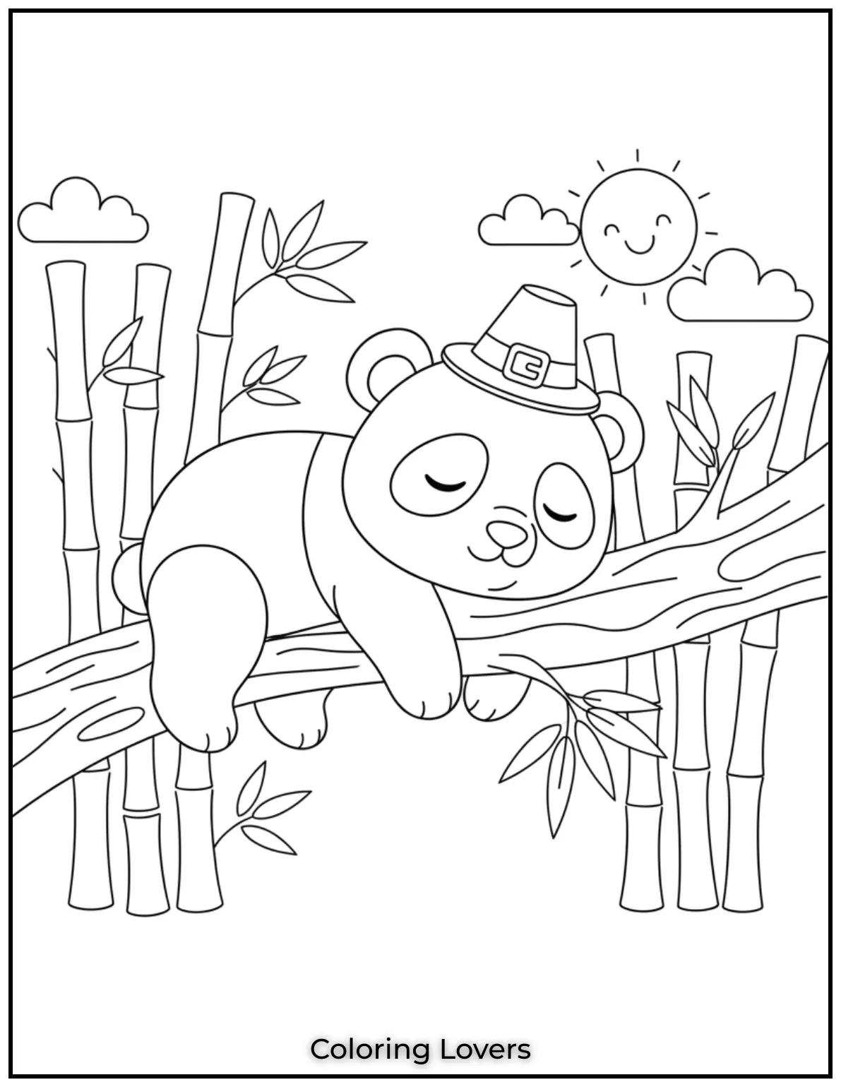 This sleepy panda bear lounges on a tree branch enjoying a peaceful moment in nature. A relaxing coloring page