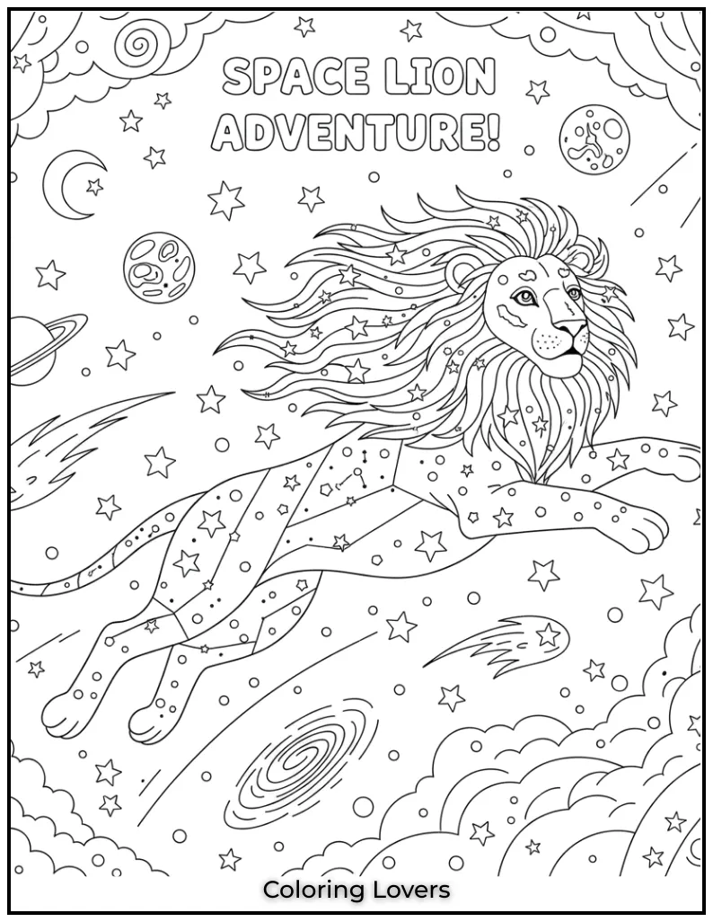This space lion leaping across the stars was so much fun to draw. Kids will love imagining this mighty creature soaring through the cosmos
