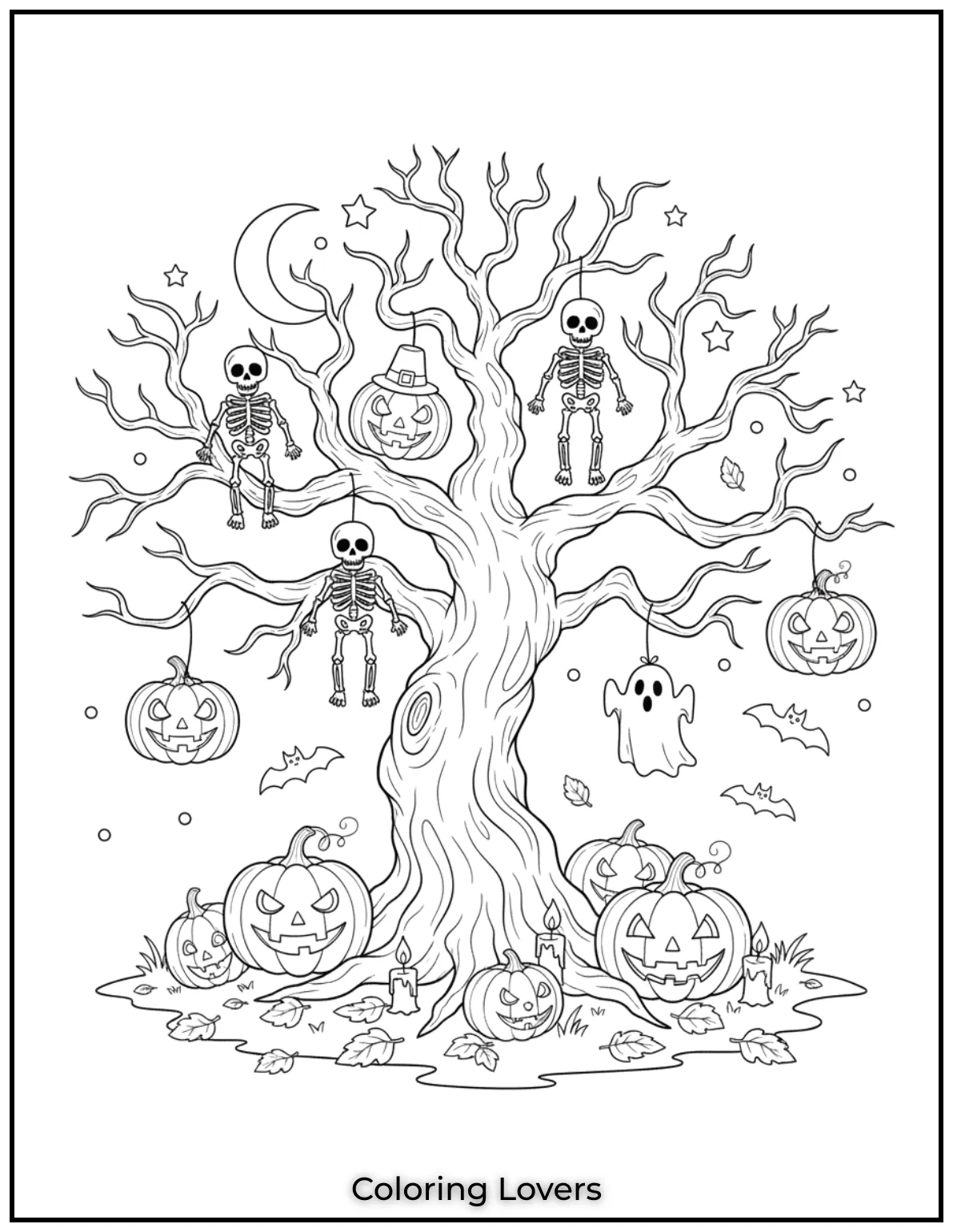 This spooky tree with hanging jack o lanterns and skeletons feels like the heart of Halloween. A fun printable page to color for the Halloween season