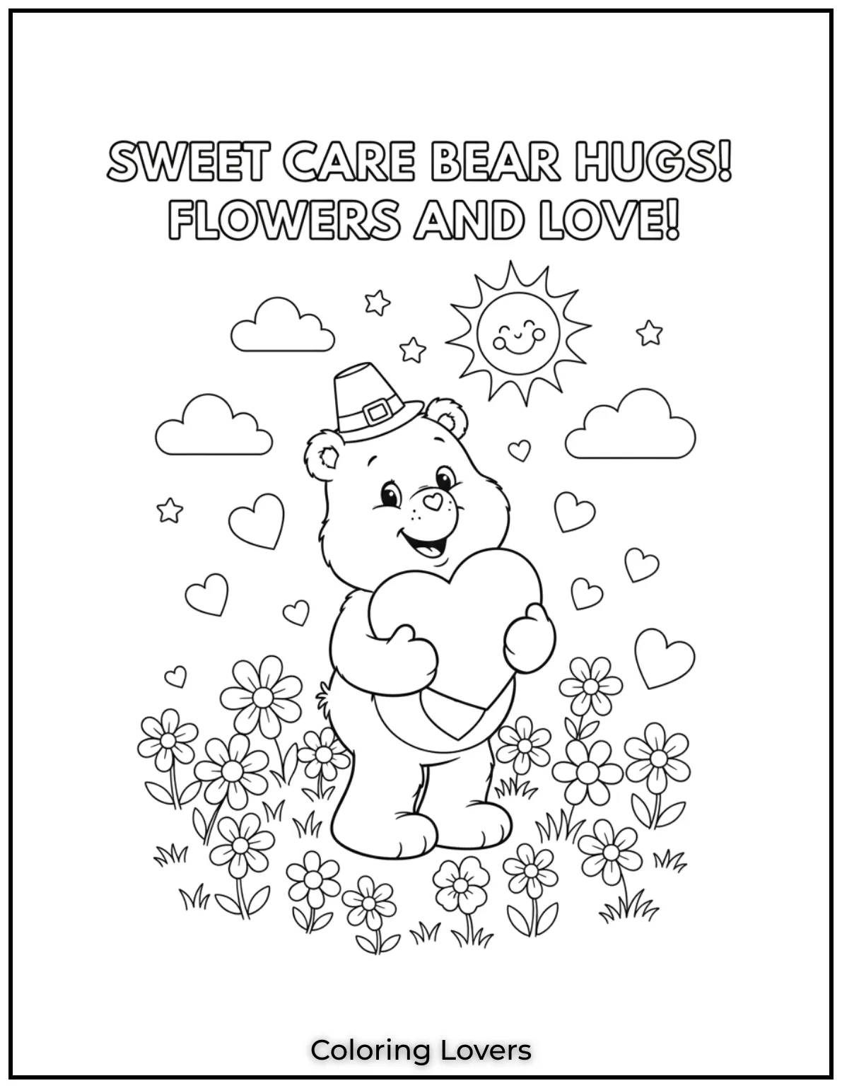 This sweet Care Bear hugs a heart with joy surrounded by flowers and love