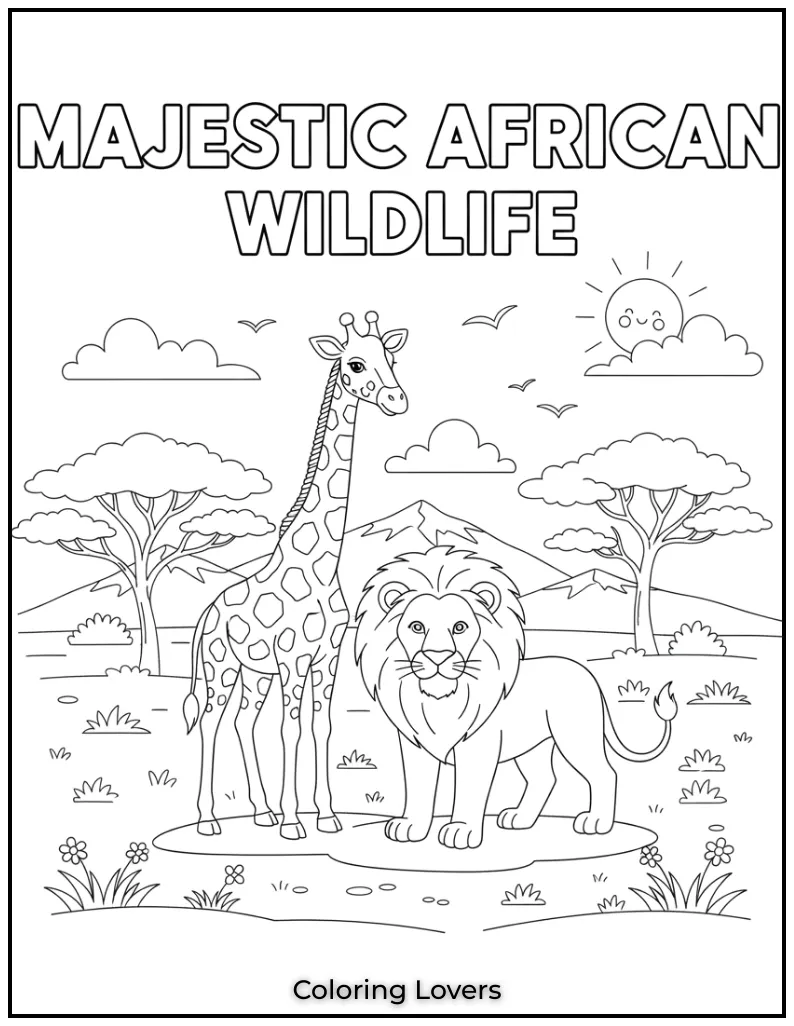 This tall giraffe and strong lion stand side by side in the vast savannah offering a glimpse of Africas majestic wildlife