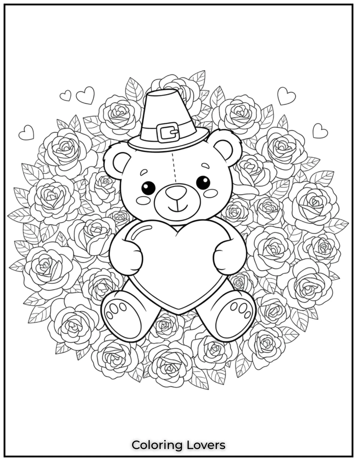 This teddy bear holds a big heart surrounded by roses and love. A sweet Valentines Day coloring page