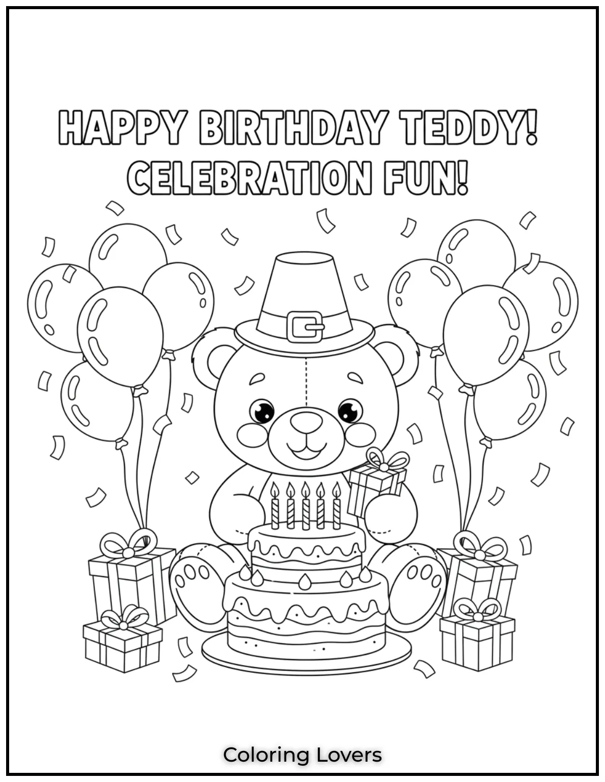 This tedy bear coloring page features a cute teddy celebrating a birthday with balloons cake and lots of confetti