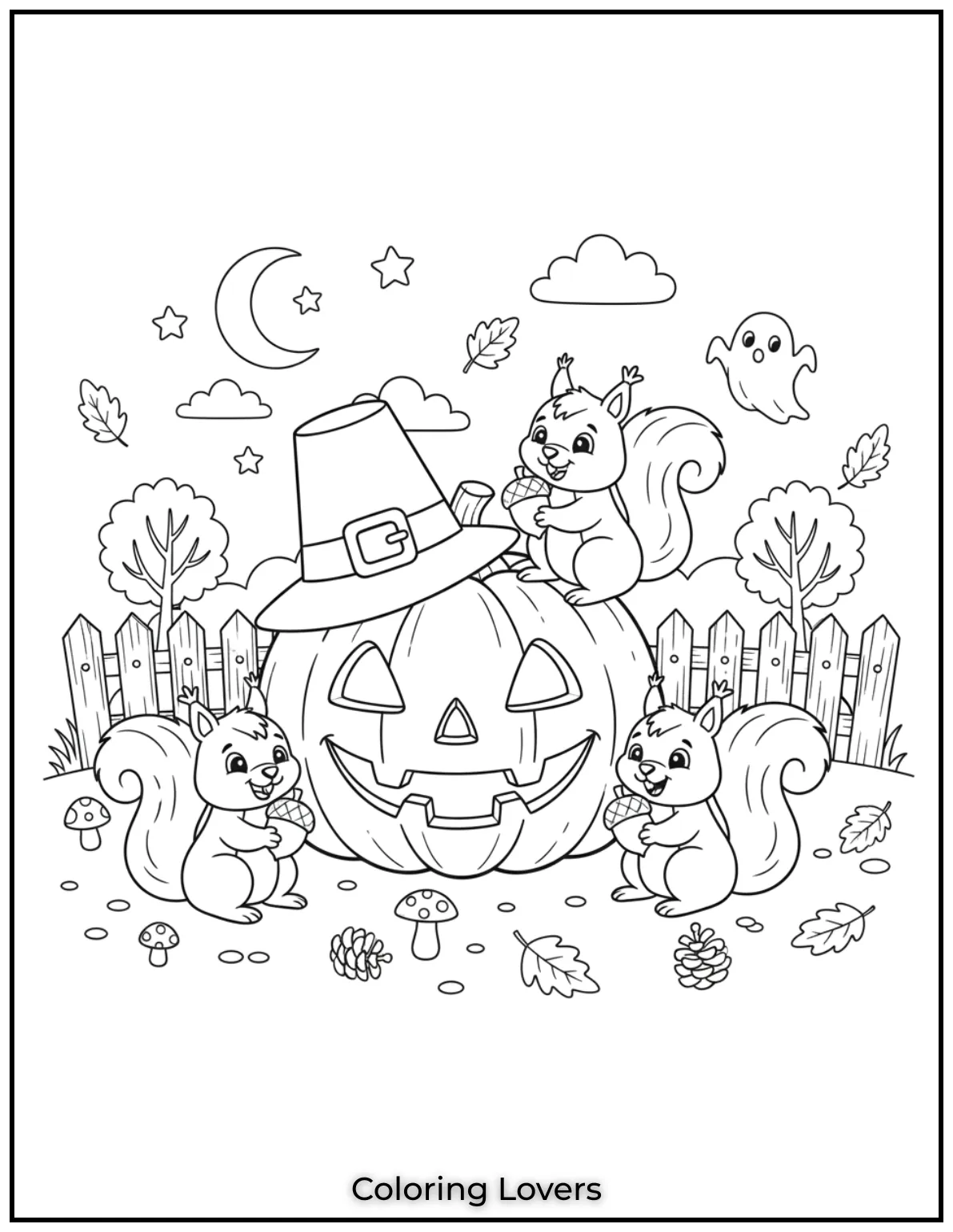 Three squirrels play around a large pumpkin clutching their acorns tight