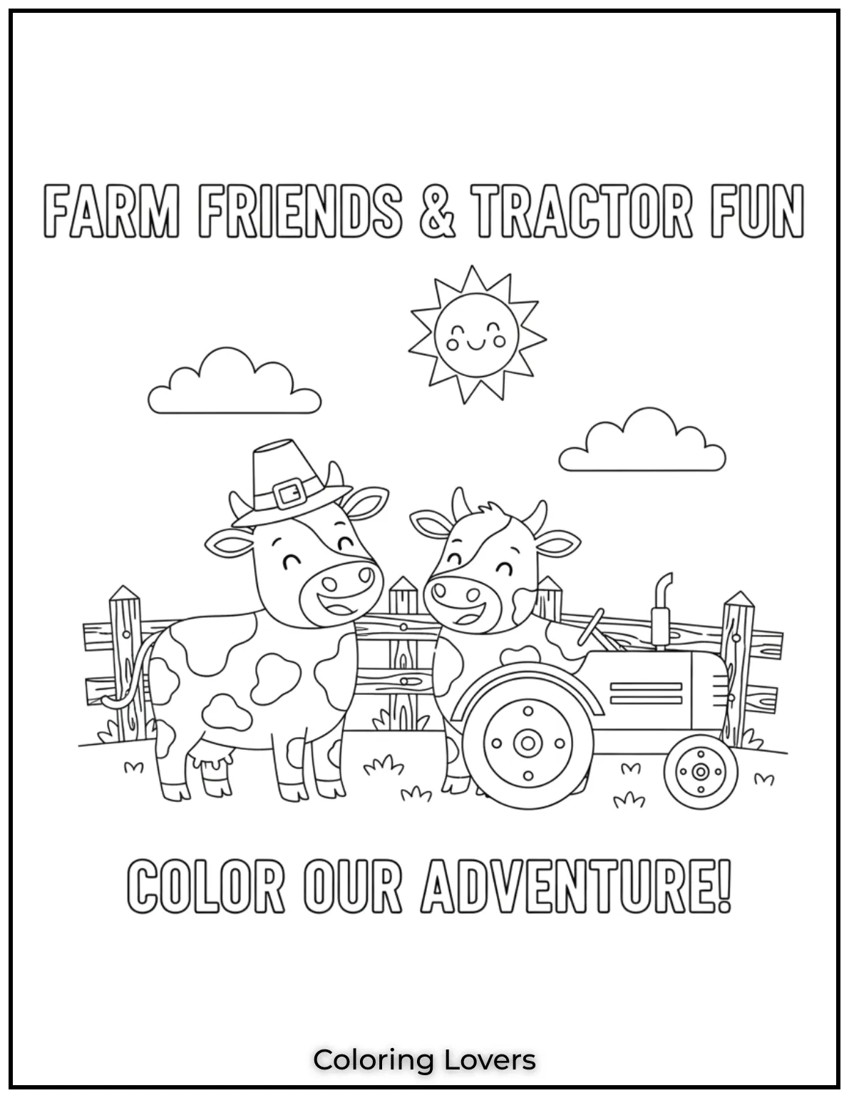 Two friendly cows stand beside a tractor as if waiting for some fun