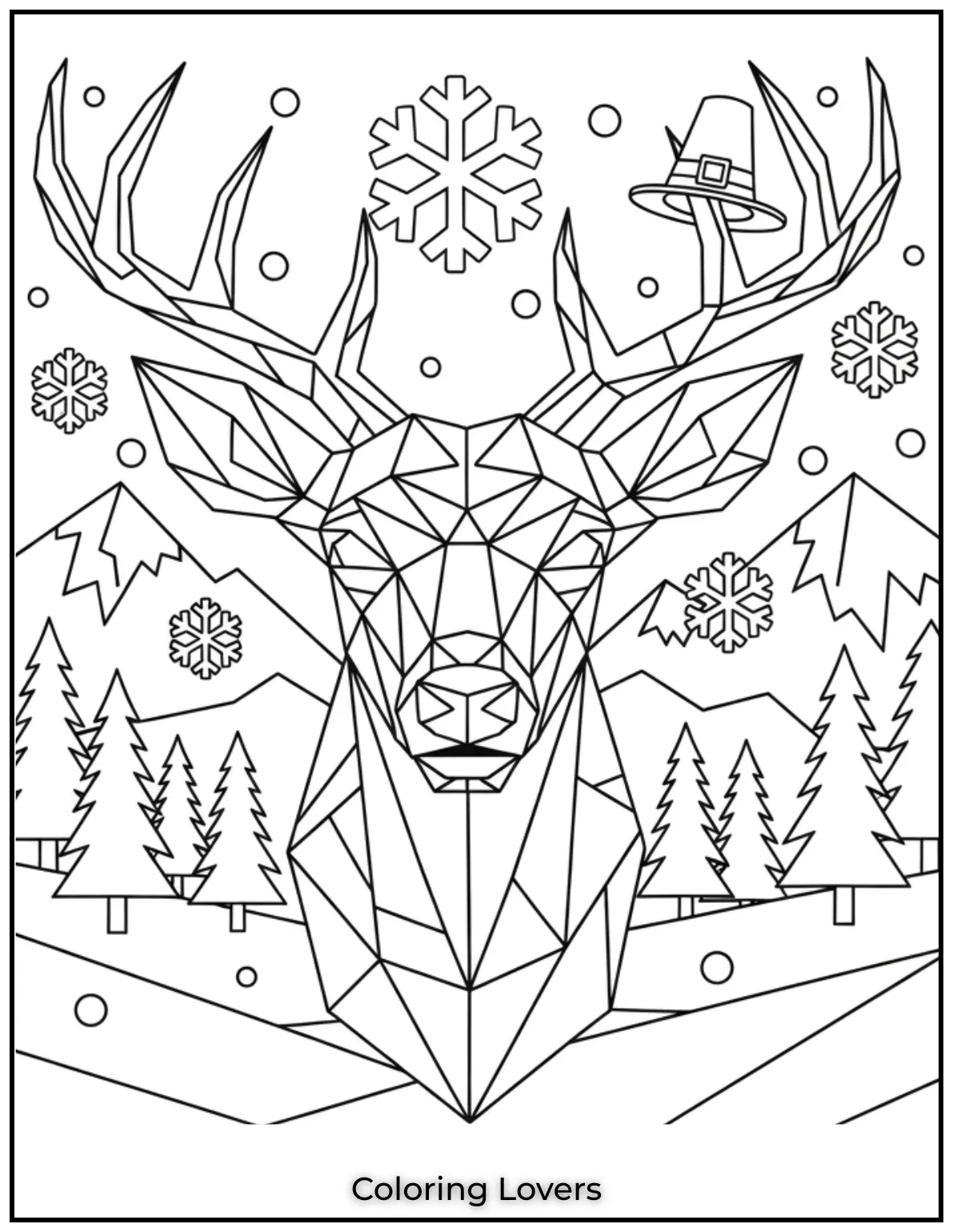 We drew this abstract deer face in bold cubist shapes to spark creativity. One of our most creative deer coloring pages for adults