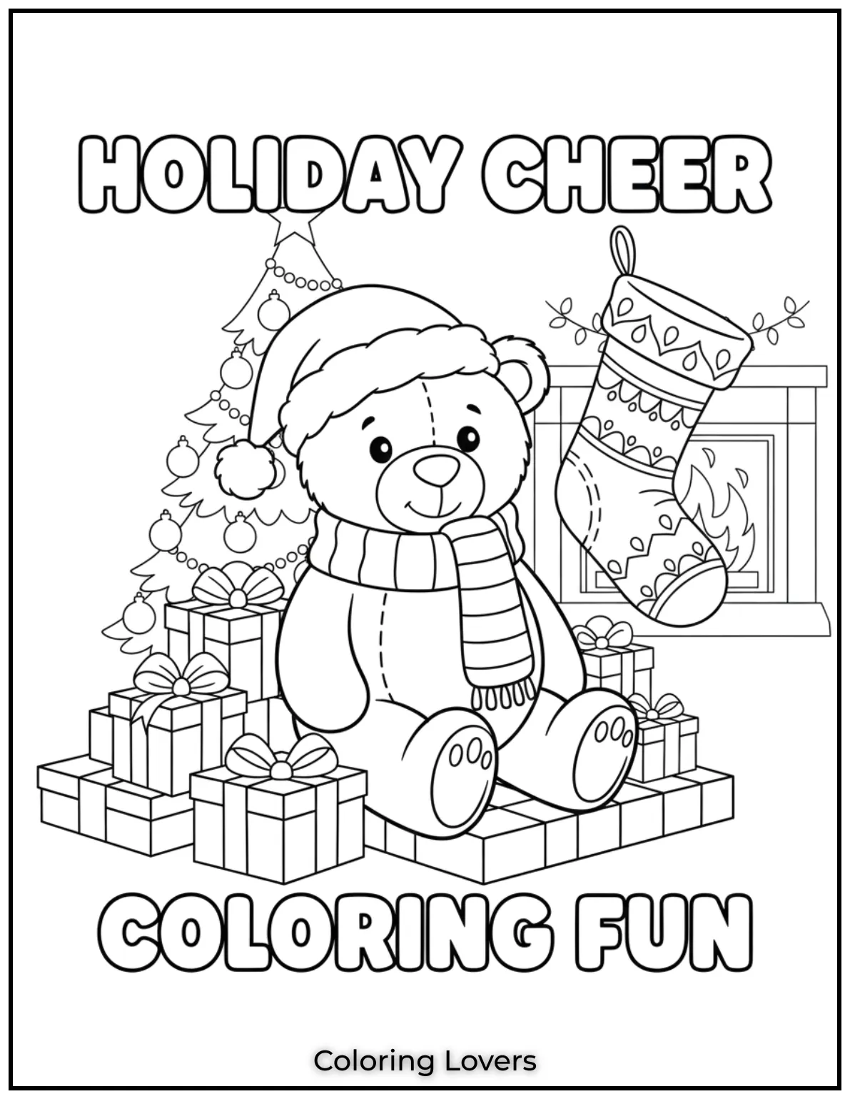 Wearing a cozy scarf and Santa hat this teddy bear spreads Christmas cheer with presents and a festive stocking