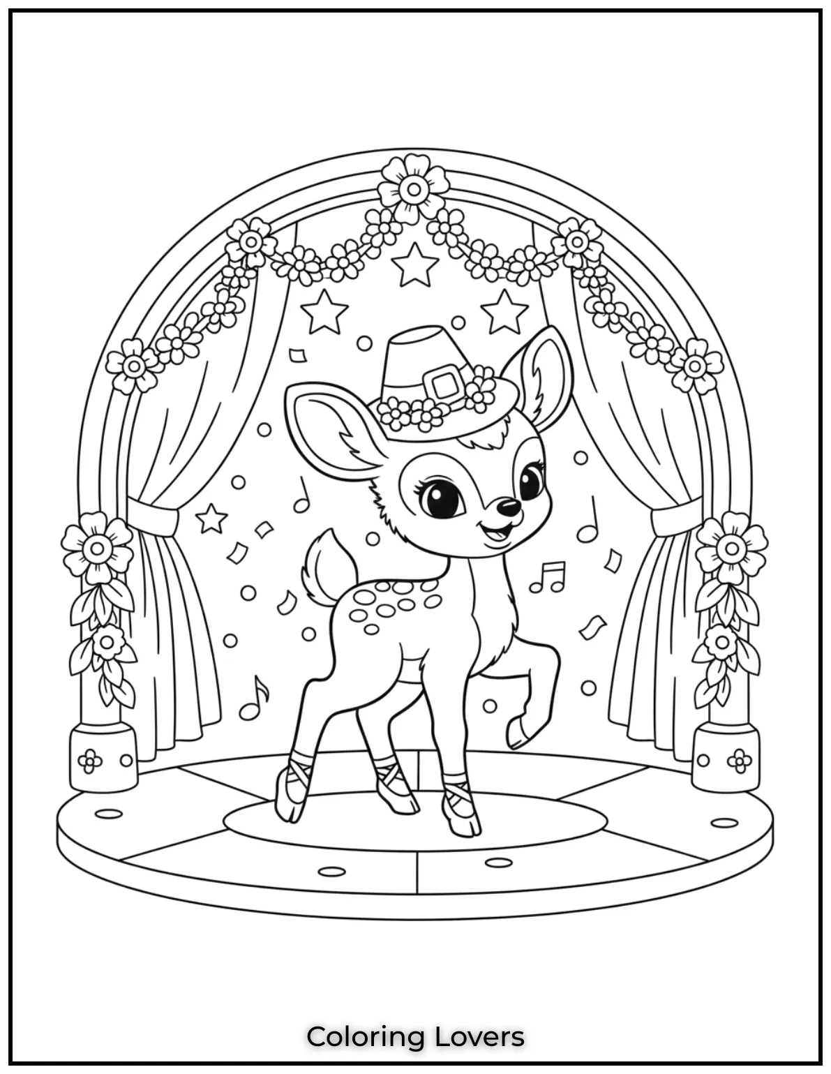 Wearing ballet shoes this tiny fawn twirls on stage. A magical coloring moment for little hands